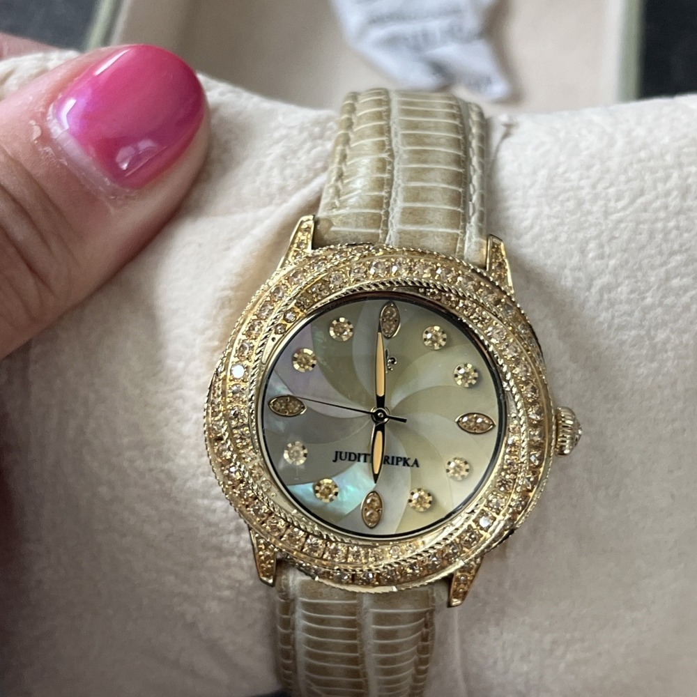 Rare Judith Ripka MOP Dial Diamonique Croco Embossed Leather Green Band Watch